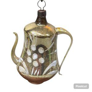 Vintage Gold Germany Mercury Glass Tea Pot Christmas Ornament 3" Glitter Cottage